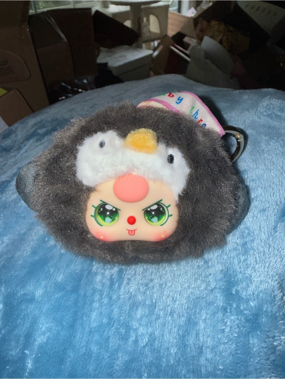 Plush Character Keychain with Green-Eyed Face